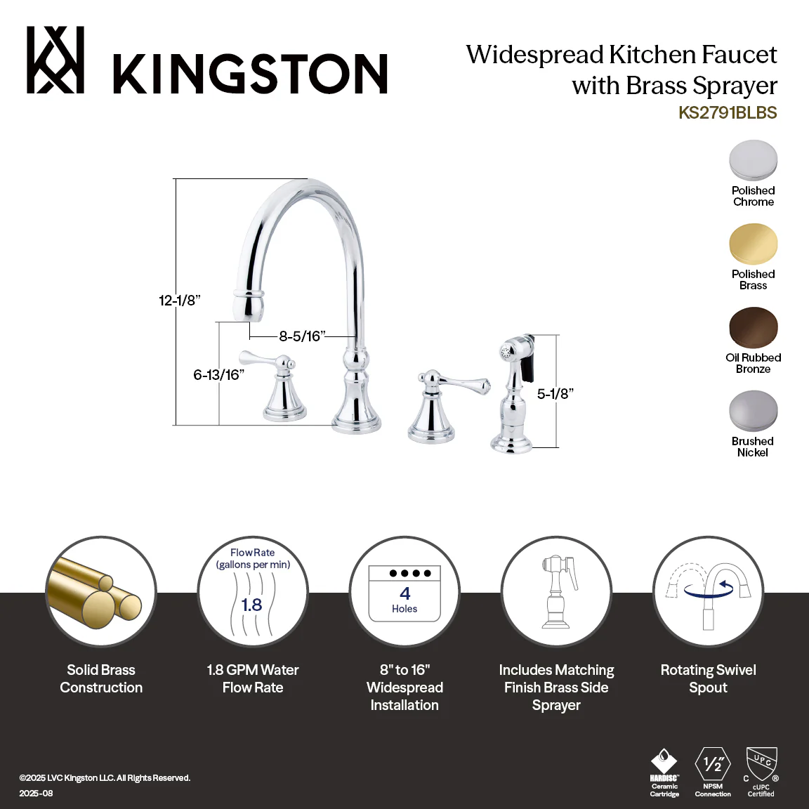 Kingston Tulare KS2798BLBS - Governor Double-Handle 4-Hole Widespread Kitchen Faucet with Brass Sprayer, Brushed Nickel - Image 4