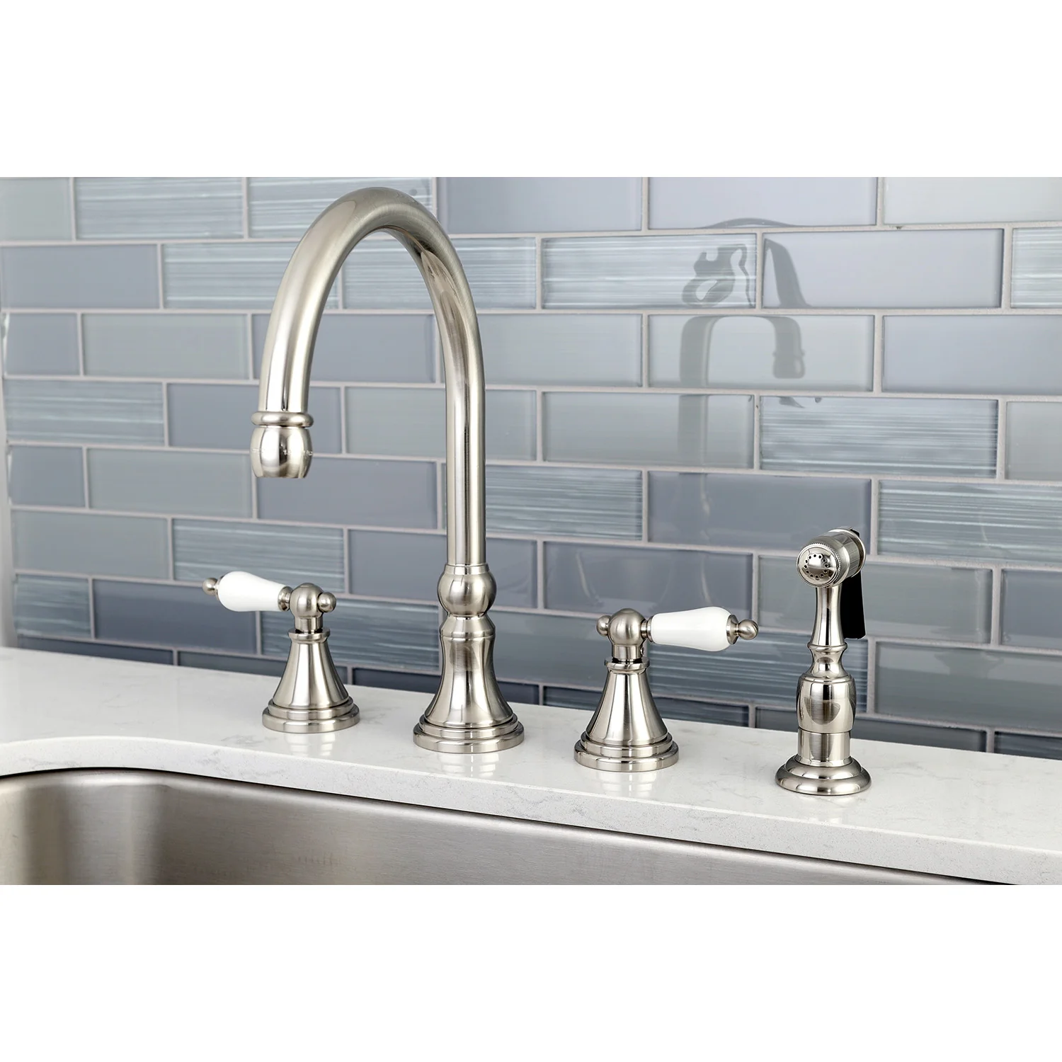 Kingston Tulare KS2798PLBS - Governor Double-Handle 4-Hole Widespread Kitchen Faucet with Brass Sprayer, Brushed Nickel - Image 2