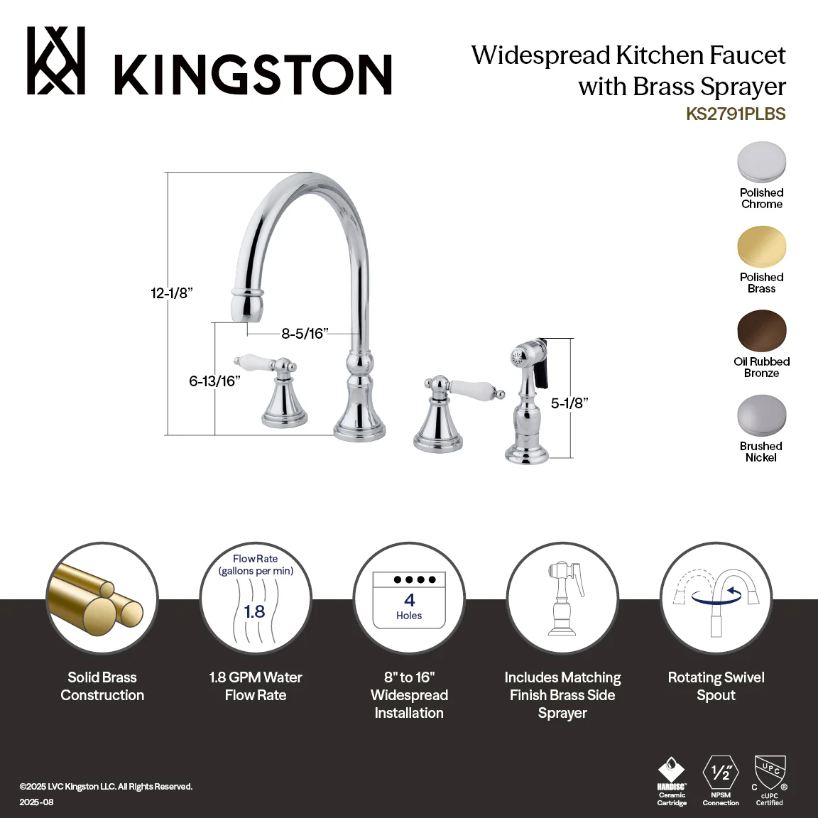 Kingston Tulare KS2798PLBS - Governor Double-Handle 4-Hole Widespread Kitchen Faucet with Brass Sprayer, Brushed Nickel - Image 4