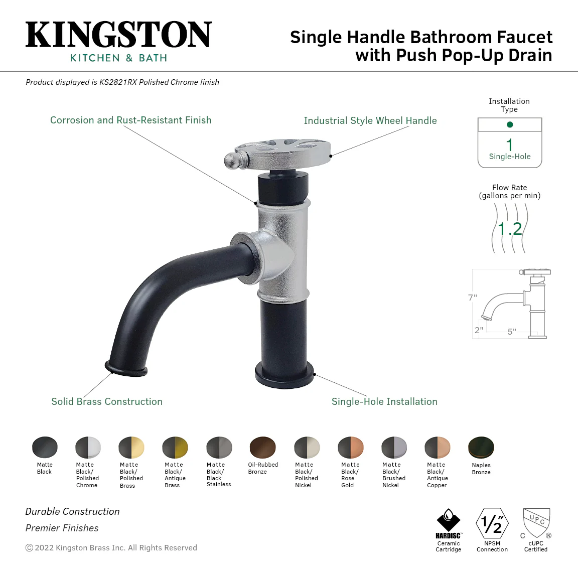 Kingston Heirloom KS2820RX - Belknap One-Handle 1-Hole Bathroom Faucet with Push Pop-Up Drain, Matte Black - Image 2