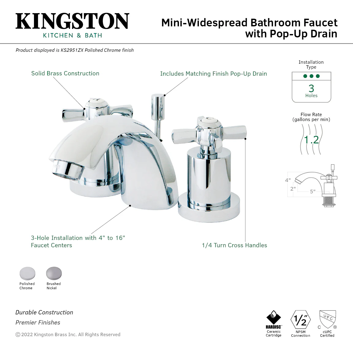 Kingston Tulare KS2951ZX - Millennium Two-Handle 3-Hole Deck Mount Mini-Widespread Bathroom Faucet with Brass Pop-Up, Polished Chrome - Image 10
