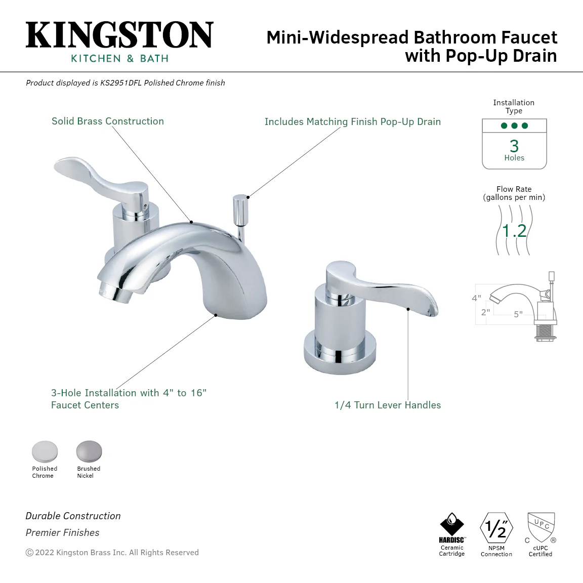 Kingston Tulare KS2958DFL Two-Handle 3-Hole Deck Mount Mini-Widespread Bathroom Faucet with Brass Pop-Up, Brushed Nickel - Image 2