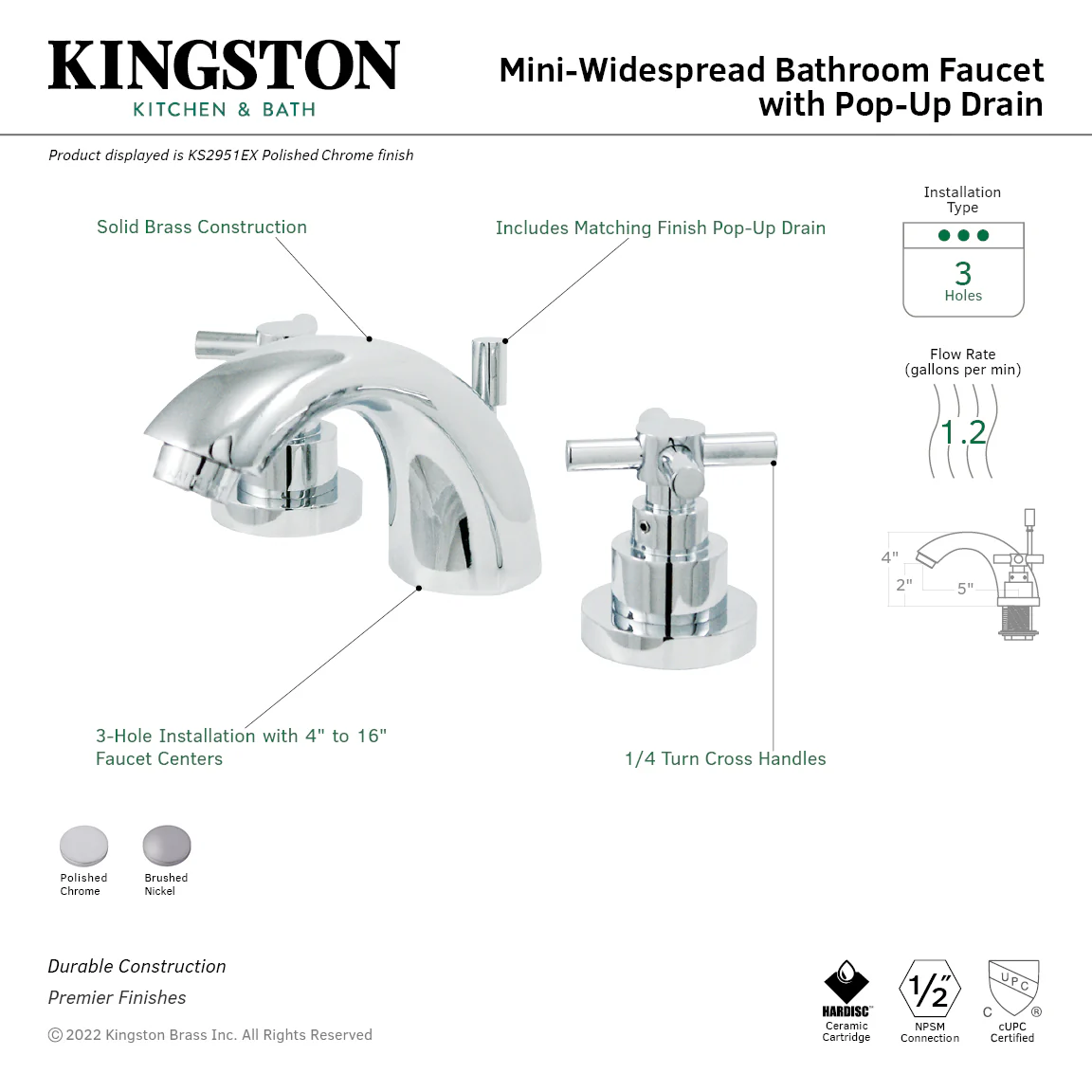 Kingston Tulare KS2958EX Two-Handle 3-Hole Deck Mount Mini-Widespread Bathroom Faucet with Brass Pop-Up, Brushed Nickel - Image 2