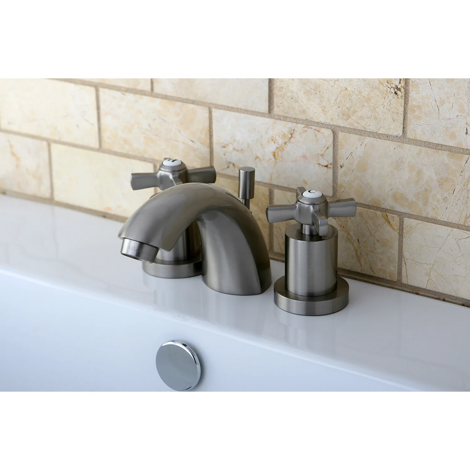 Kingston Tulare KS2958ZX - Millennium Two-Handle 3-Hole Deck Mount Mini-Widespread Bathroom Faucet with Brass Pop-Up, Brushed Nickel - Image 2