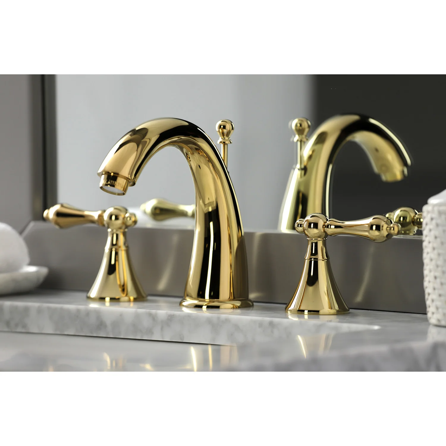 Kingston Tulare KS2972AL - Naples Two-Handle 3-Hole Deck Mount Widespread Bathroom Faucet with Brass Pop-Up, Polished Brass - Image 5