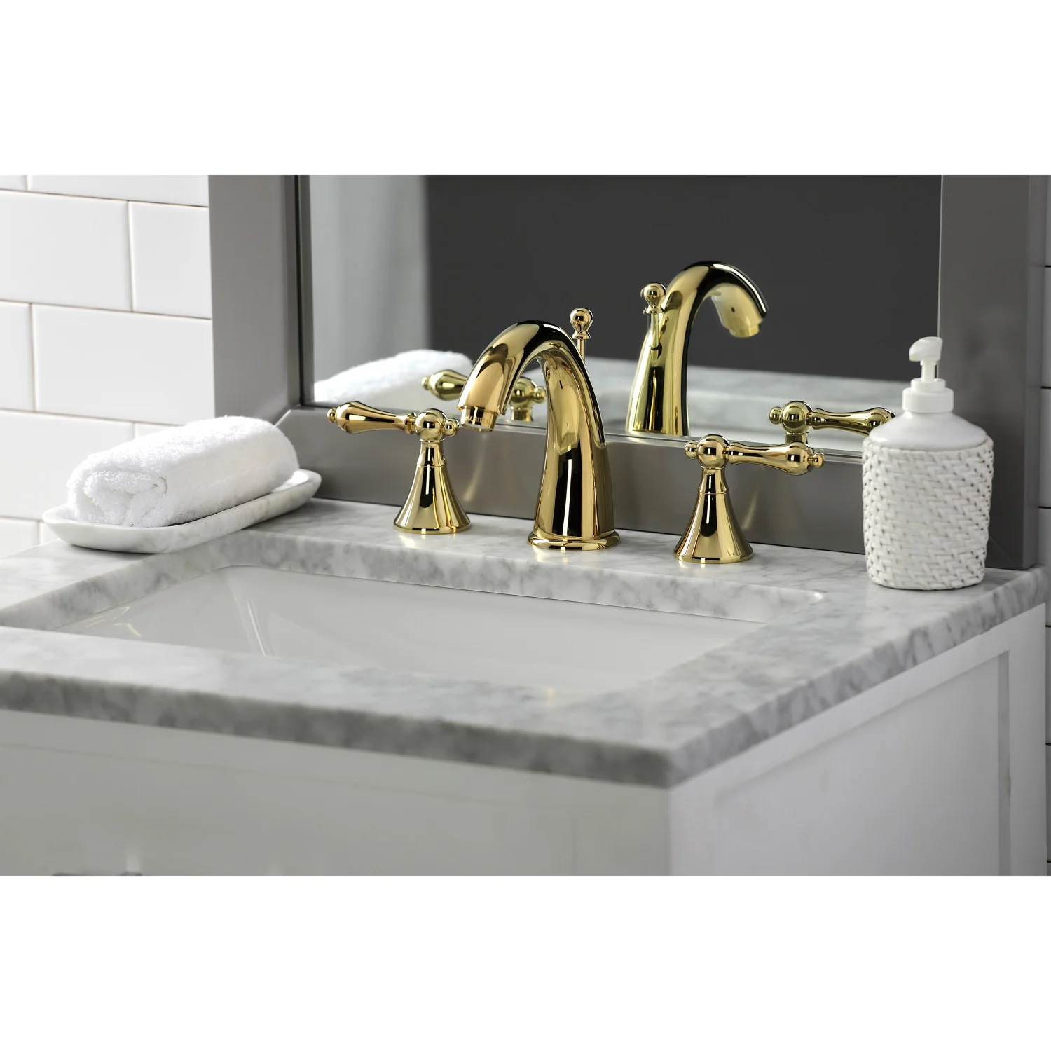 Kingston Tulare KS2972AL - Naples Two-Handle 3-Hole Deck Mount Widespread Bathroom Faucet with Brass Pop-Up, Polished Brass - Image 6