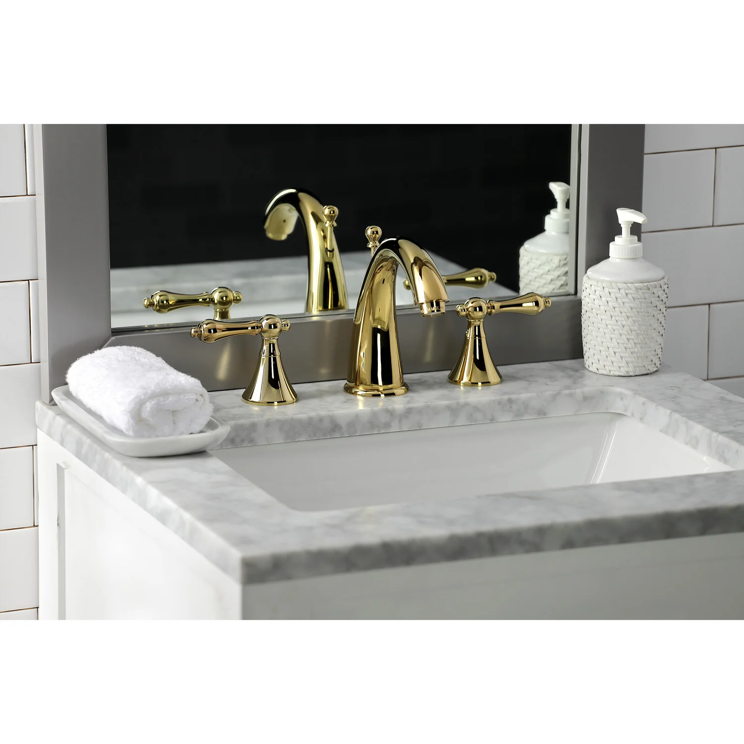 Kingston Tulare KS2972AL - Naples Two-Handle 3-Hole Deck Mount Widespread Bathroom Faucet with Brass Pop-Up, Polished Brass - Image 7