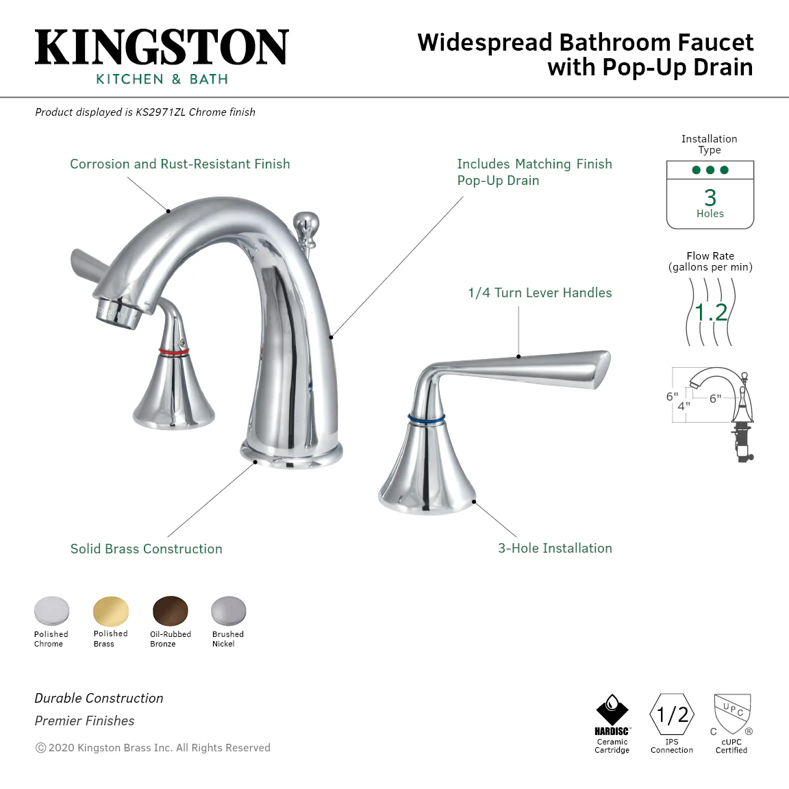 Kingston Tulare KS2972ZL - Silver Sage Two-Handle 3-Hole Deck Mount Widespread Bathroom Faucet with Brass Pop-Up, Polished Brass - Image 2