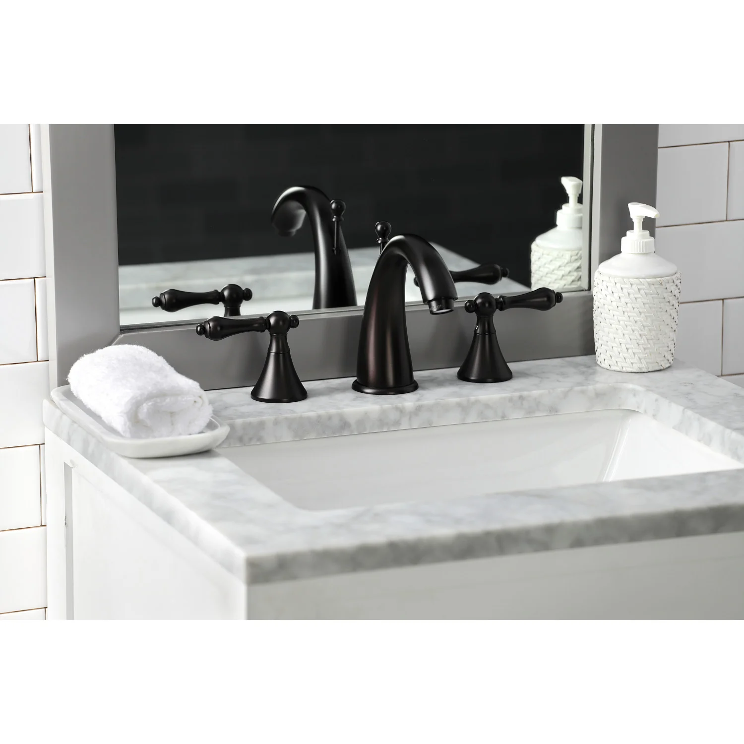 Kingston Tulare KS2975AL - Naples Two-Handle 3-Hole Deck Mount Widespread Bathroom Faucet with Brass Pop-Up, Oil Rubbed Bronze - Image 2