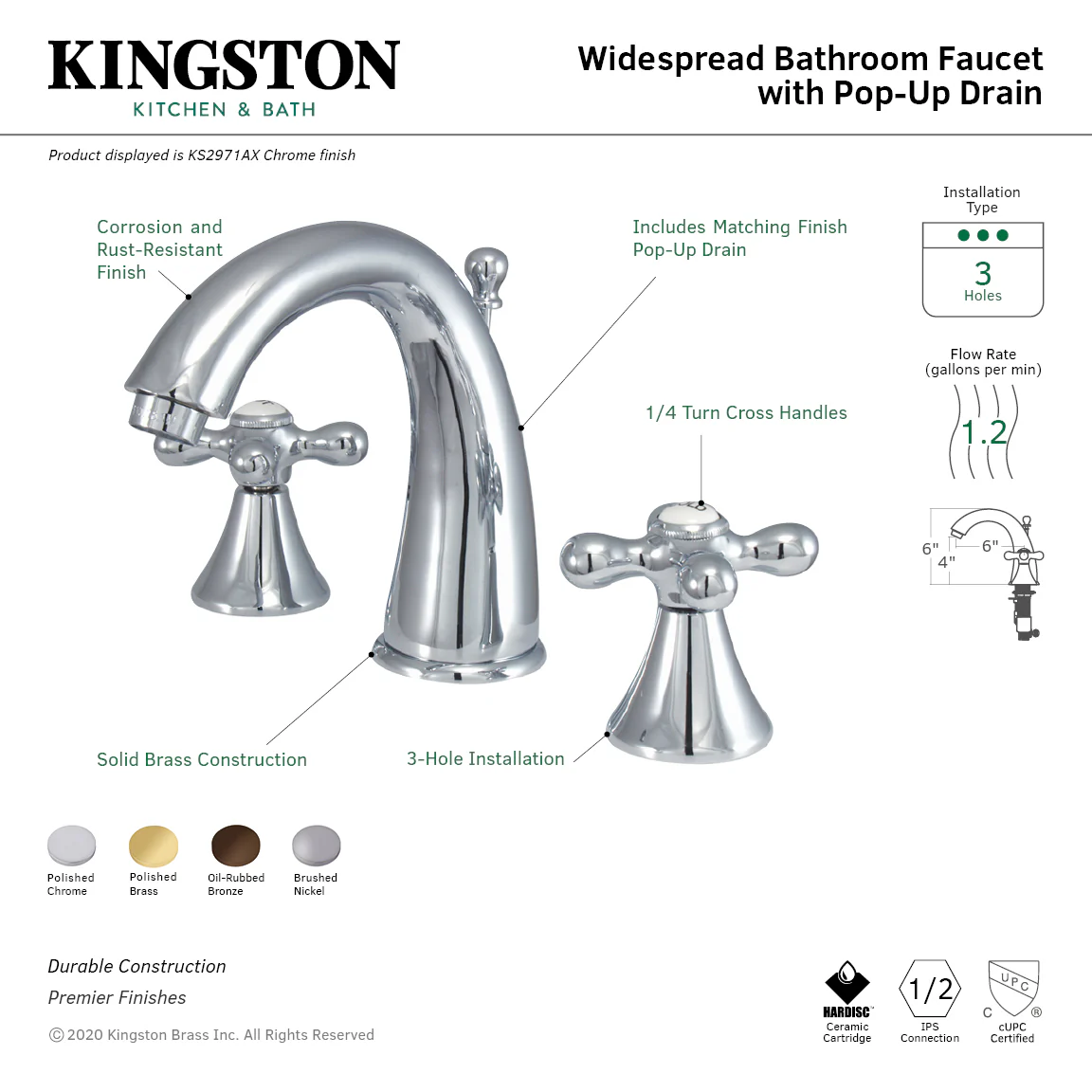 Kingston Tulare KS2975AX - Naples Two-Handle 3-Hole Deck Mount Widespread Bathroom Faucet with Brass Pop-Up, Oil Rubbed Bronze - Image 9