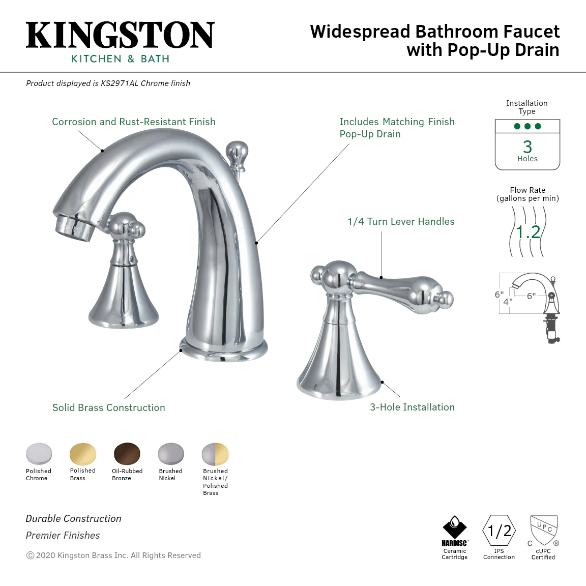 Kingston Tulare KS2978AL - Naples Two-Handle 3-Hole Deck Mount Widespread Bathroom Faucet with Brass Pop-Up, Brushed Nickel - Image 8