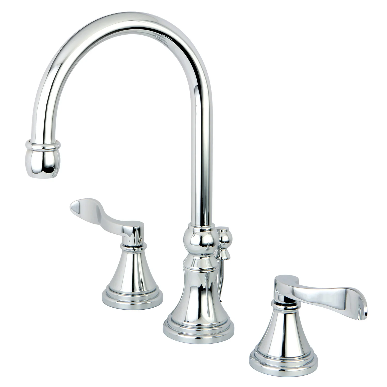 Kingston Tulare KS2981DFL - NuFrench Two-Handle 3-Hole Deck Mount Widespread Bathroom Faucet with Brass Pop-Up, Polished Chrome