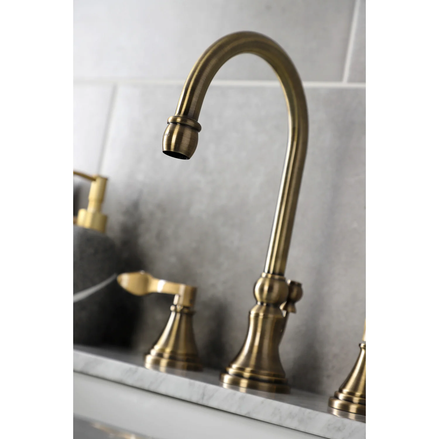 Kingston Tulare KS2983DFL - NuFrench Two-Handle 3-Hole Deck Mount Widespread Bathroom Faucet with Brass Pop-Up, Antique Brass - Image 6