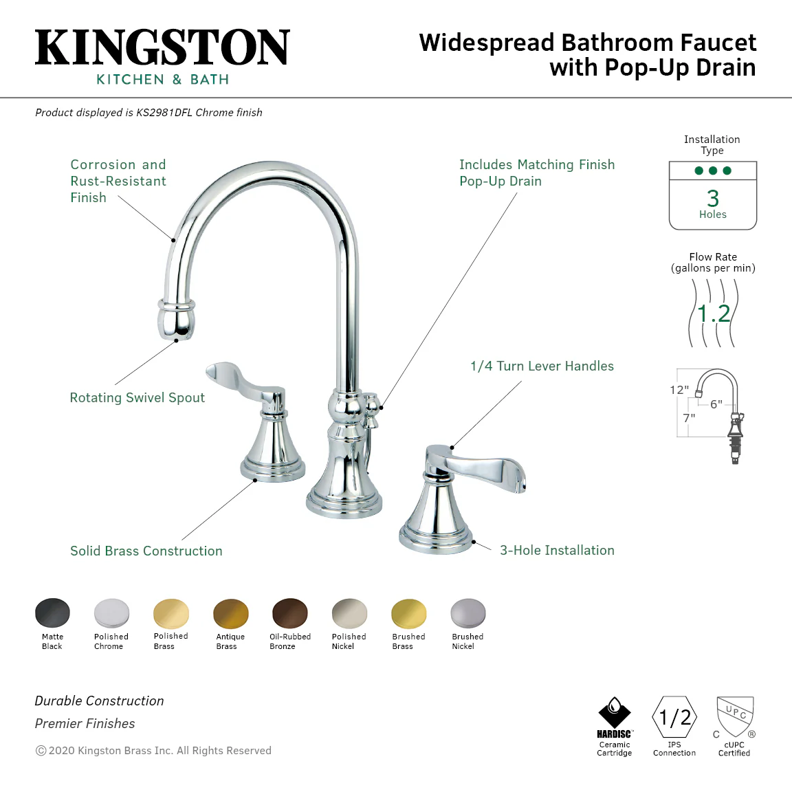 Kingston Tulare KS2985DFL - NuFrench Two-Handle 3-Hole Deck Mount Widespread Bathroom Faucet with Brass Pop-Up, Oil Rubbed Bronze - Image 3
