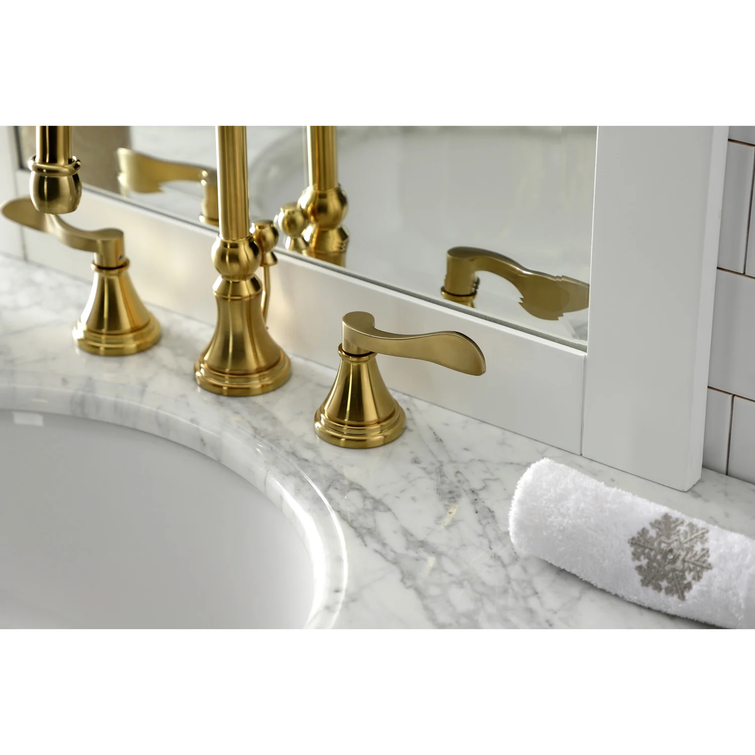 Kingston Tulare KS2987DFL - NuFrench Two-Handle 3-Hole Deck Mount Widespread Bathroom Faucet with Brass Pop-Up, Brushed Brass - Image 2