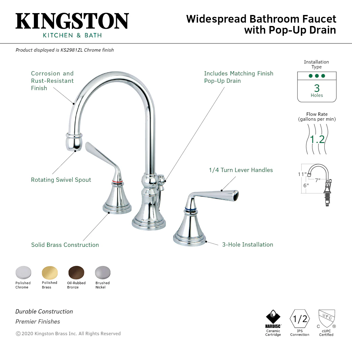 Kingston Tulare KS2988ZL - Silver Sage Two-Handle 3-Hole Deck Mount Widespread Bathroom Faucet with Brass Pop-Up, Brushed Nickel - Image 3