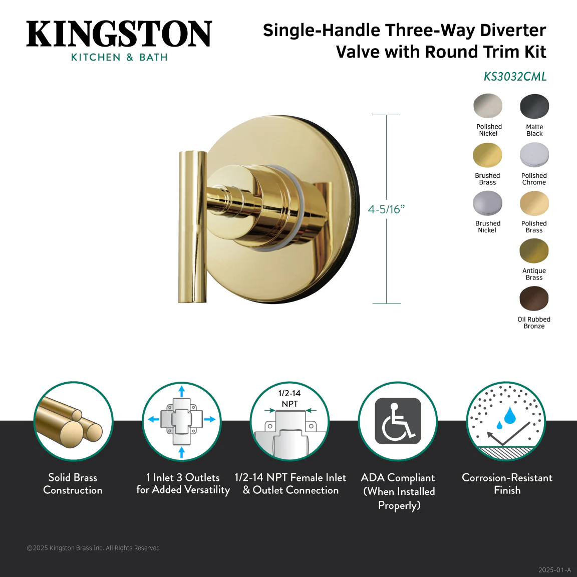 Kingston Sona KS3031CML - Manhattan Single-Handle Three-Way Diverter Valve with Round Trim Kit, Polished Chrome - Image 2