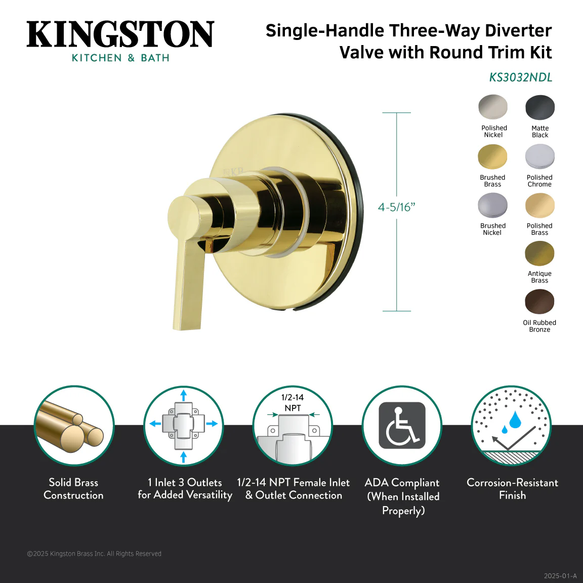 Kingston Sona KS3031NDL - NuvoFusion Single-Handle Three-Way Diverter Valve with Round Trim Kit, Polished Chrome - Image 4