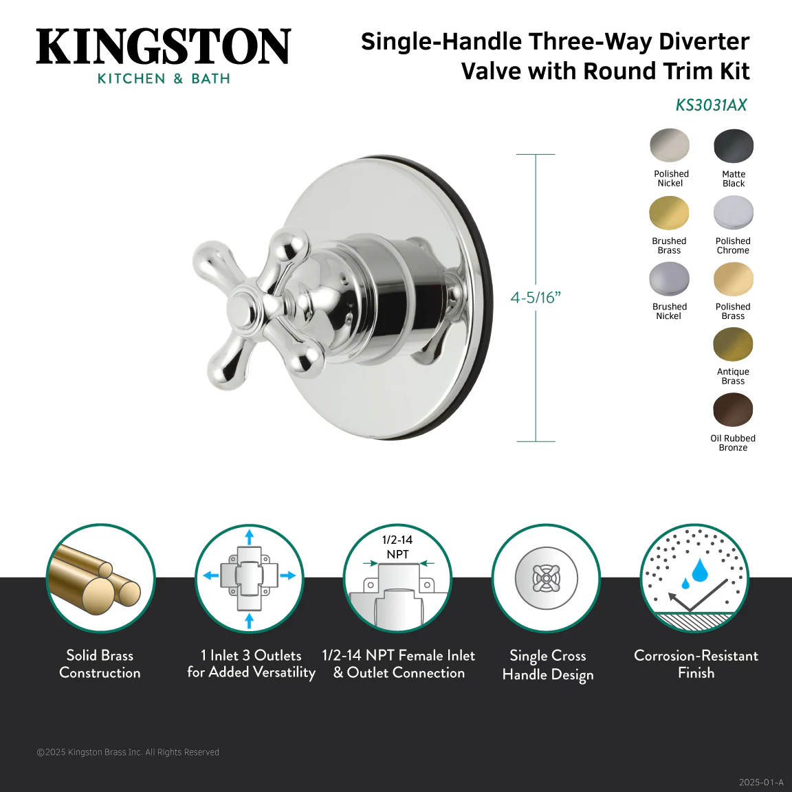 Kingston Heirloom KS3036AX - Restoration Single-Handle Three-Way Diverter Valve with Round Trim Kit, Polished Nickel - Image 3
