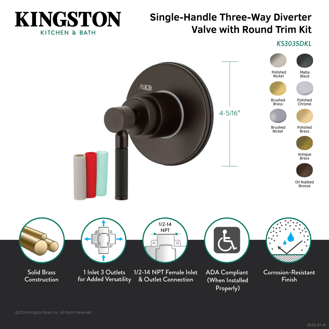 Kingston Sona KS3036DKL - Kaiser Single-Handle Three-Way Diverter Valve with Round Trim Kit, Polished Nickel - Image 2