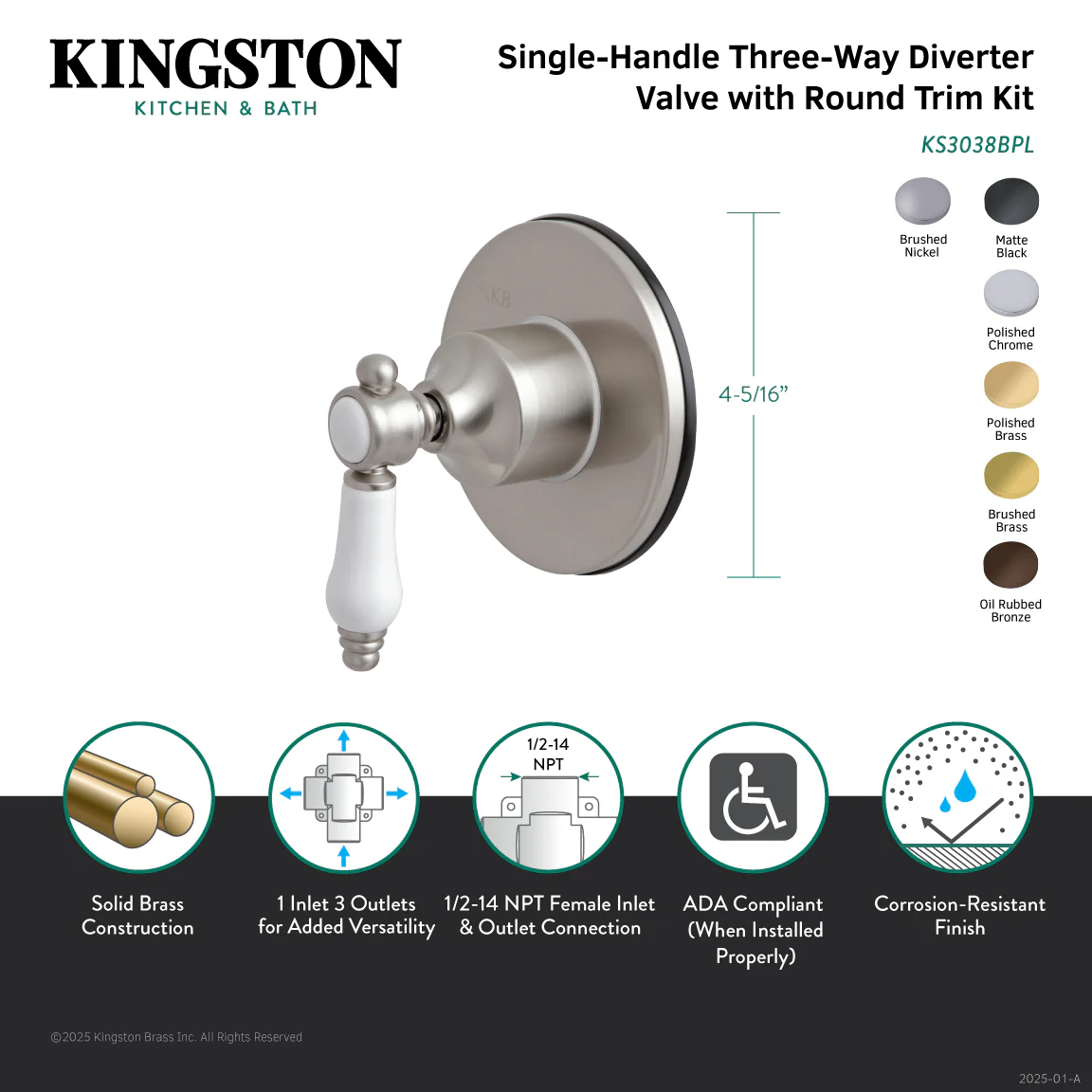 Kingston Heirloom KS3038BPL - Bel-Air Single-Handle Three-Way Diverter Valve with Round Trim Kit, Brushed Nickel - Image 7