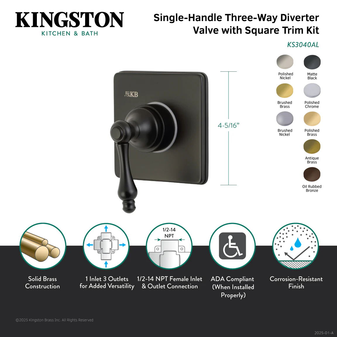 Kingston Heirloom KS3045AL - Restoration Single-Handle Three-Way Diverter Valve with Square Trim Kit, Oil Rubbed Bronze - Image 6