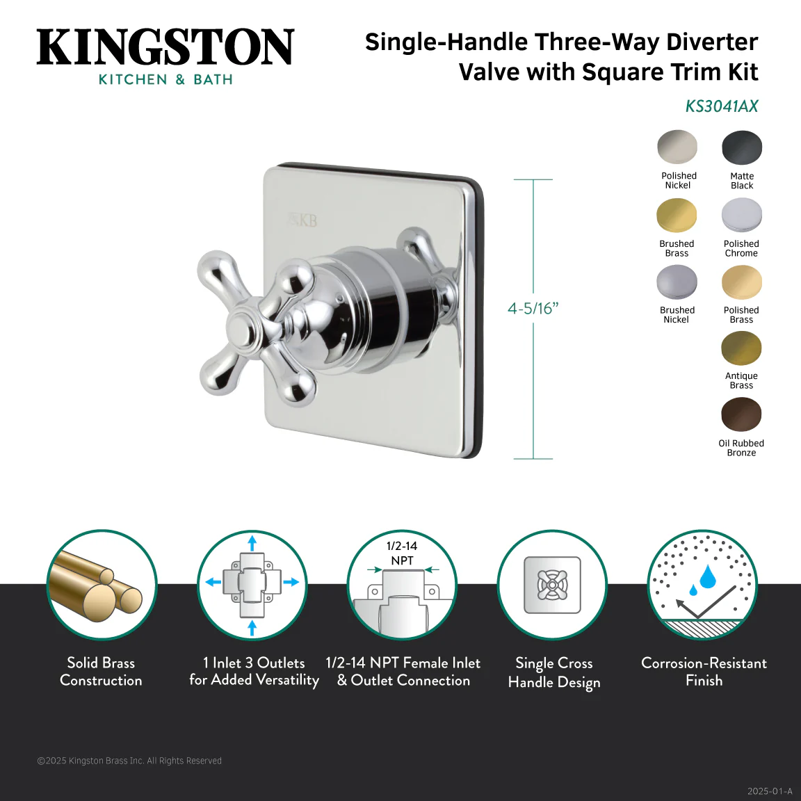 Kingston Heirloom KS3047AX - Restoration Single-Handle Three-Way Diverter Valve with Square Trim Kit, Brushed Brass - Image 4