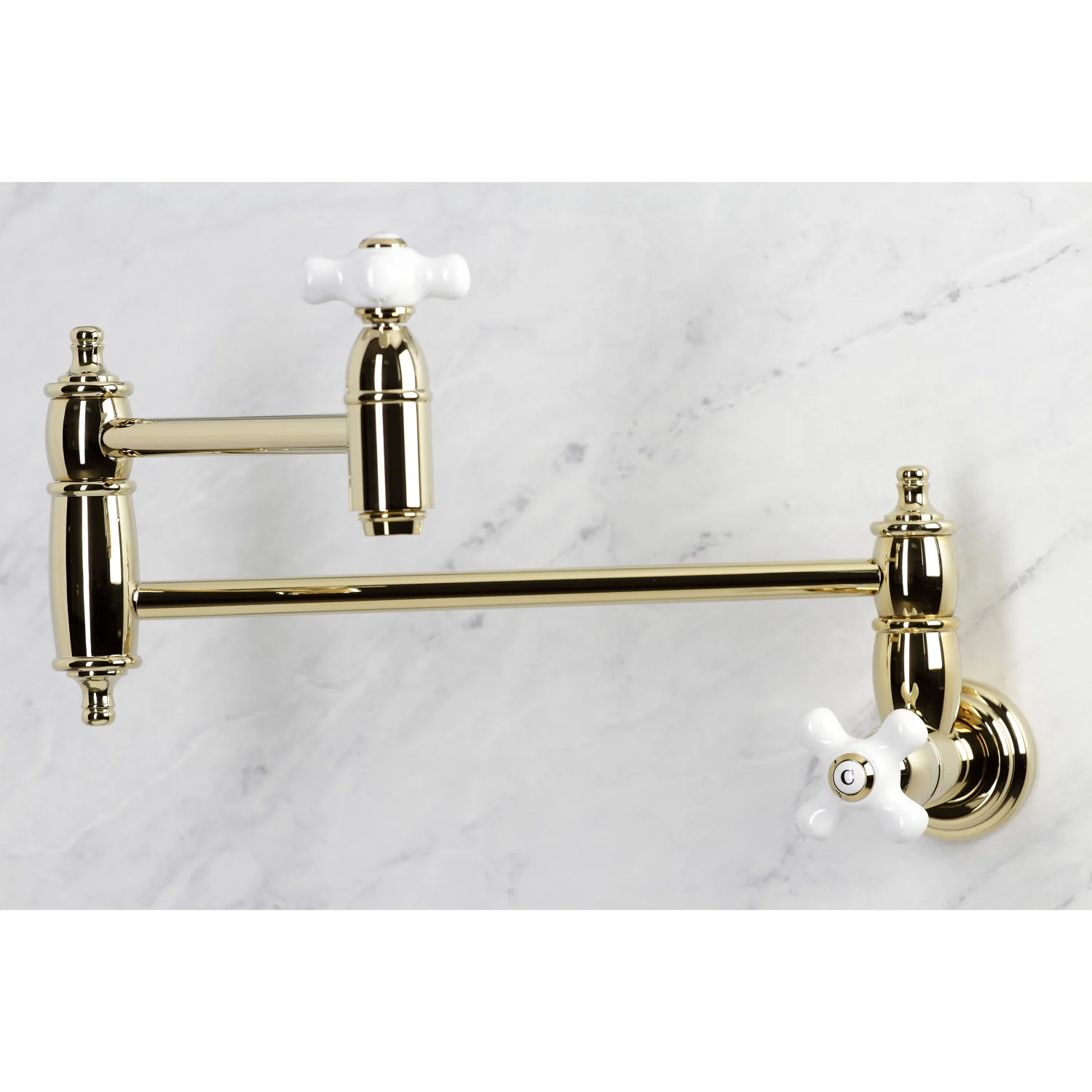Kingston Heirloom KS3102PX - Restoration Two-Handle 1-Hole Wall Mount Pot Filler Faucet, Polished Brass - Image 4