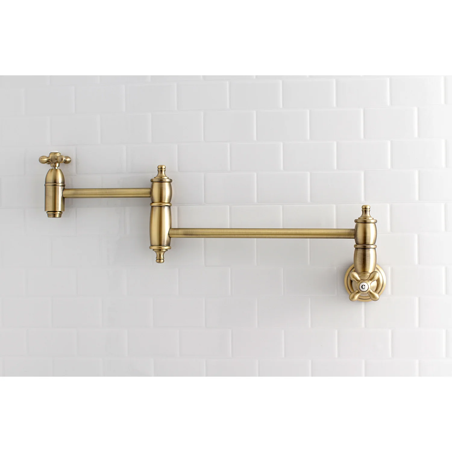 Kingston Heirloom KS3103AX - Restoration Two-Handle 1-Hole Wall Mount Pot Filler Faucet, Antique Brass - Image 2