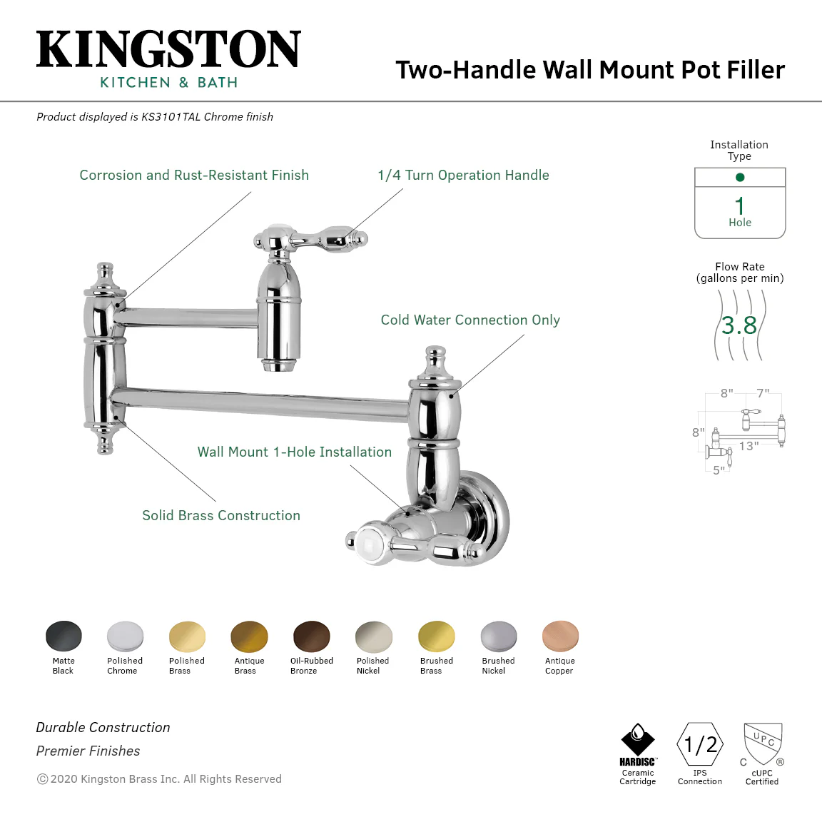 Kingston Heirloom KS3105TAL - Tudor Two-Handle 1-Hole Wall Mount Pot Filler Faucet, Oil Rubbed Bronze - Image 5