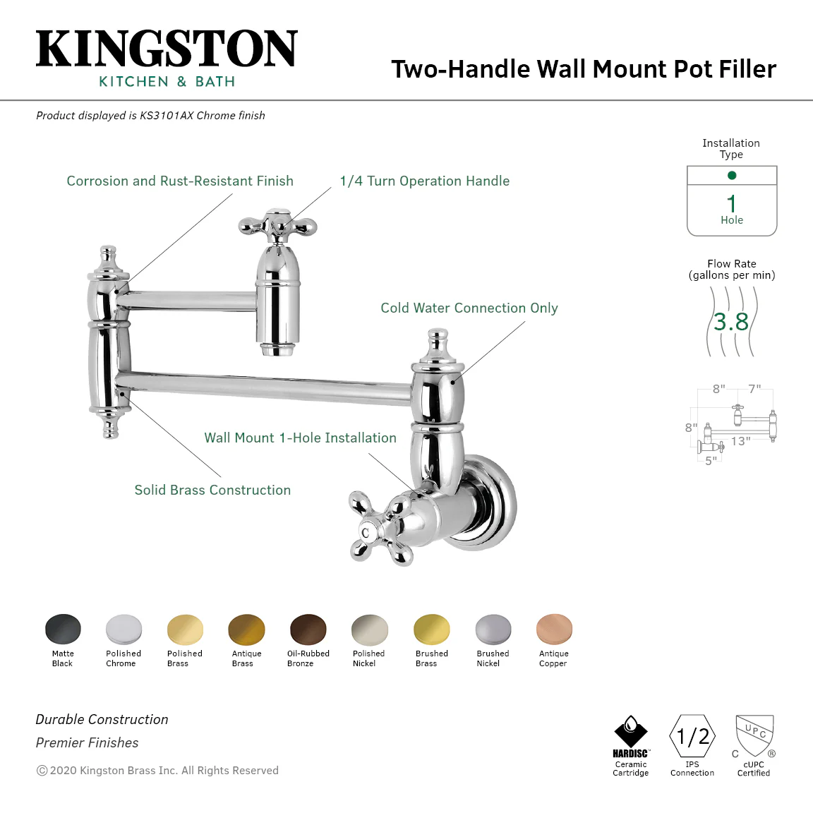 Kingston Heirloom KS310AXAC - Restoration Two-Handle 1-Hole Wall Mount Pot Filler Faucet, Antique Copper - Image 7