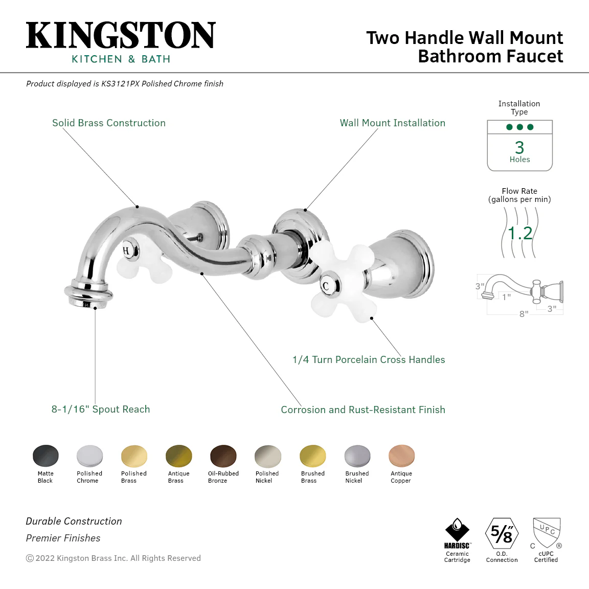 Kingston Heirloom KS3125PX - Vintage Double-Handle 3-Hole Wall Mount Bathroom Faucet, Oil Rubbed Bronze - Image 6