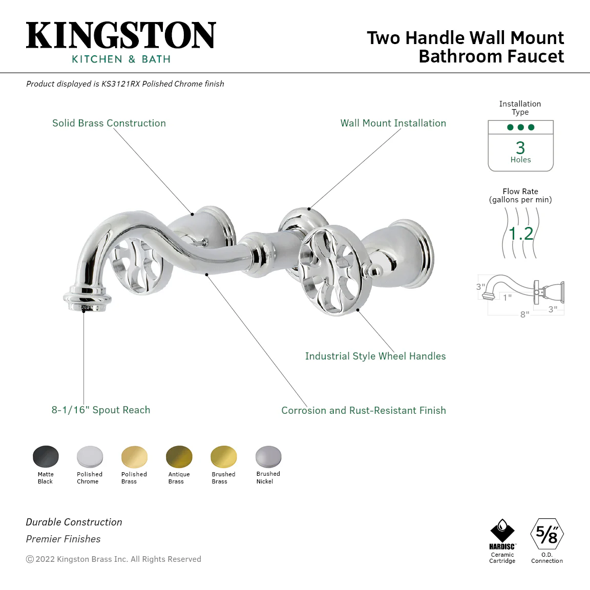 Kingston Tulare KS3127RX - Belknap Double-Handle 3-Hole Wall Mount Bathroom Faucet, Brushed Brass - Image 6