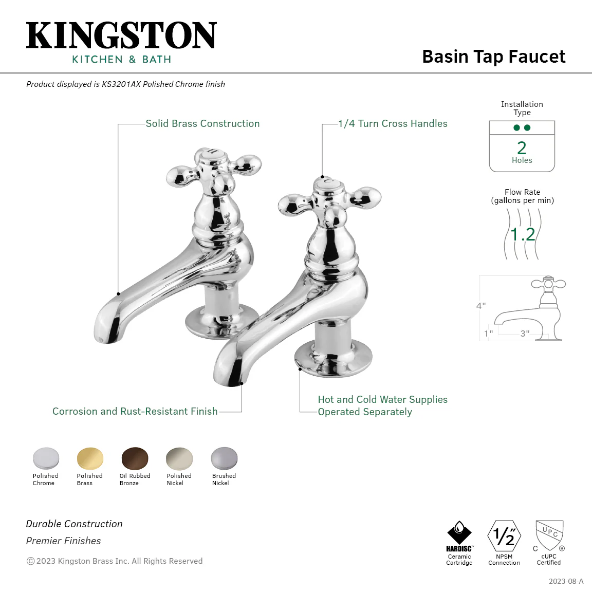 Kingston Heirloom KS3202AX - Restoration Two-Handle Deck Mount Basin Tap Faucet, Polished Brass - Image 3
