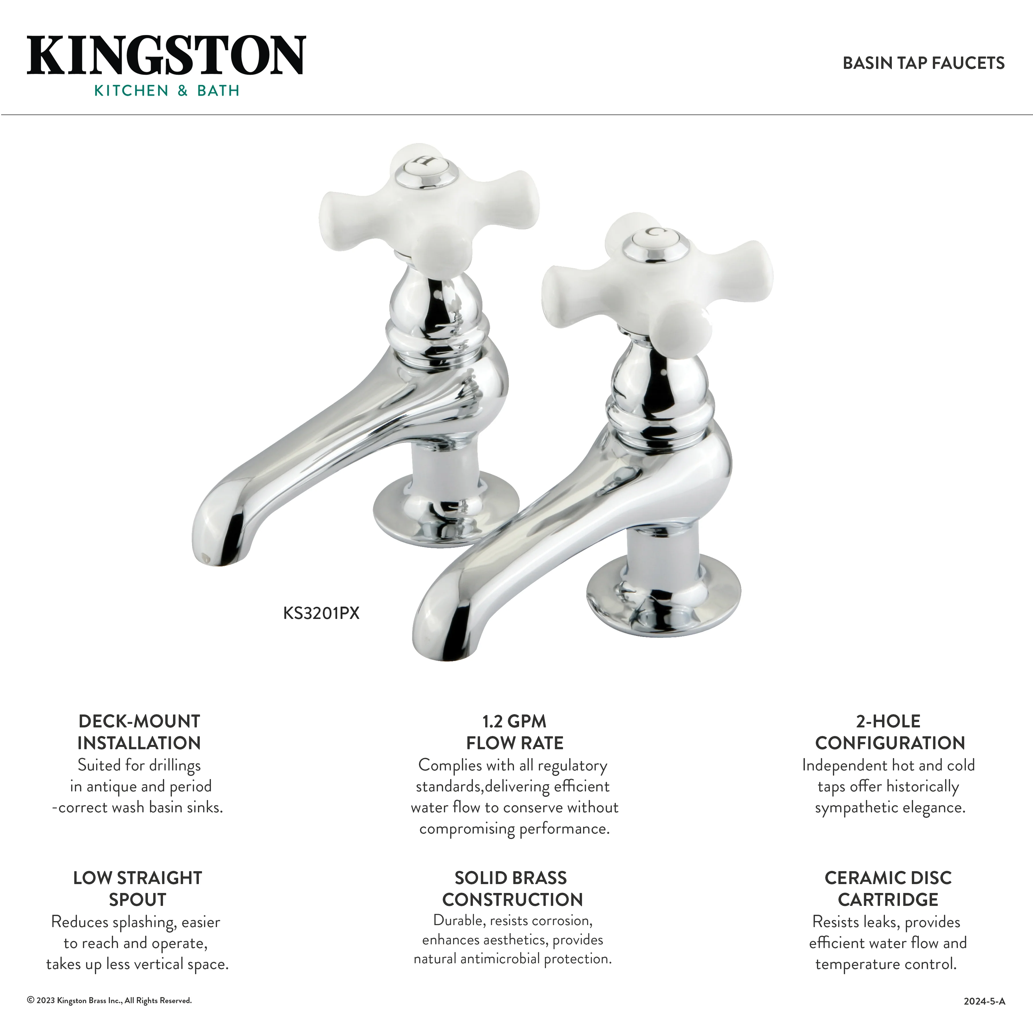 Kingston Heirloom KS3202PX - Restoration Two-Handle Deck Mount Basin Tap Faucet, Polished Brass - Image 2