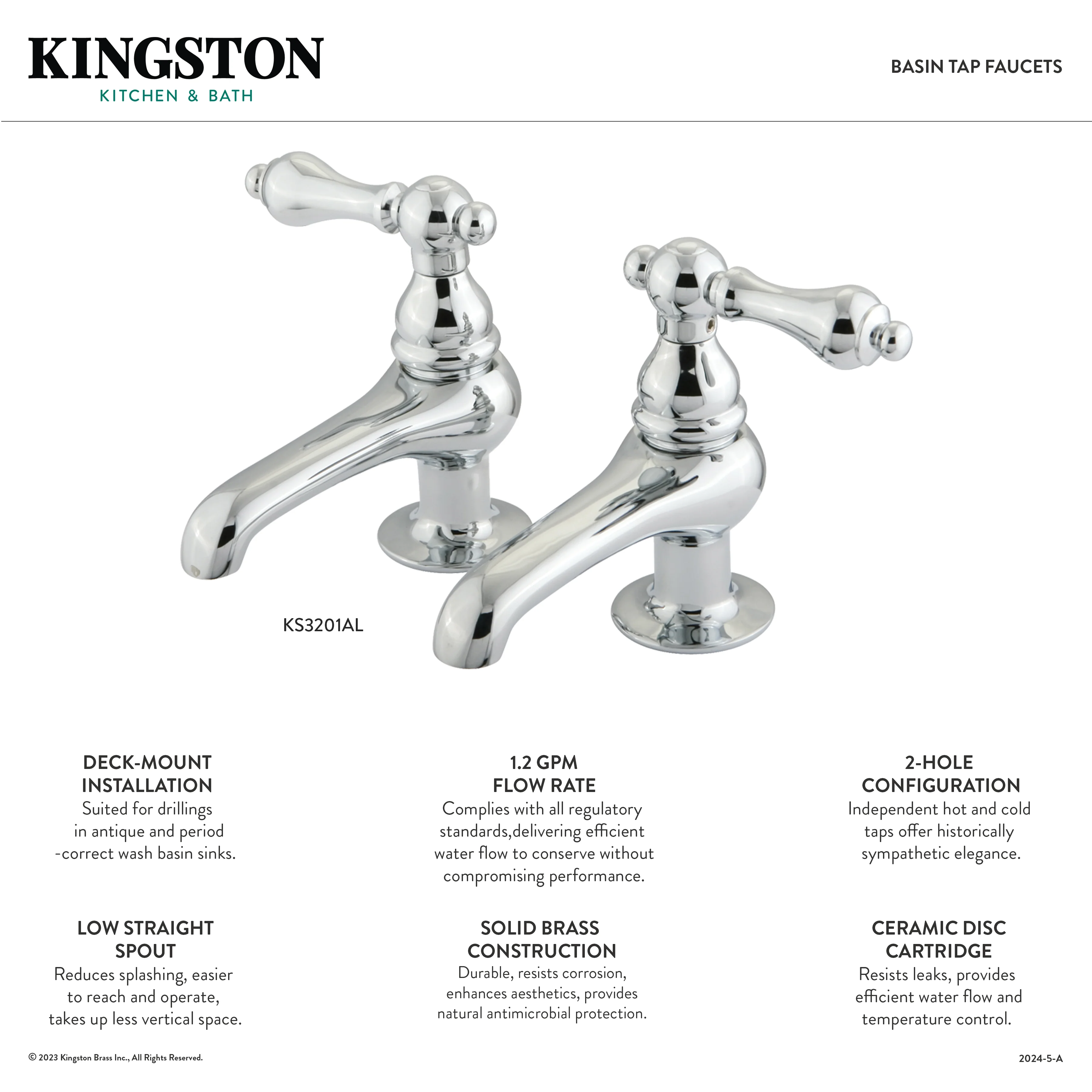 Kingston Heirloom KS3205AX - Restoration Two-Handle Deck Mount Basin Tap Faucet, Oil Rubbed Bronze - Image 2