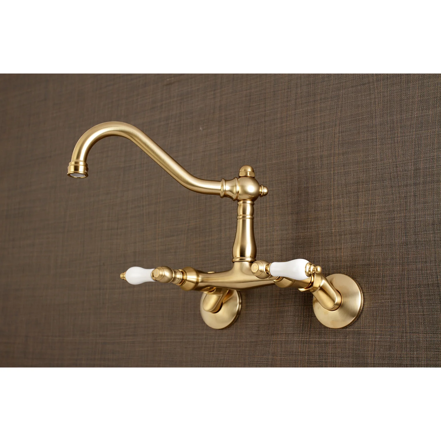 Kingston Heirloom KS3227PL - Vintage Two-Handle 2-Hole Wall Mount Bridge Kitchen Faucet, Brushed Brass - Image 4