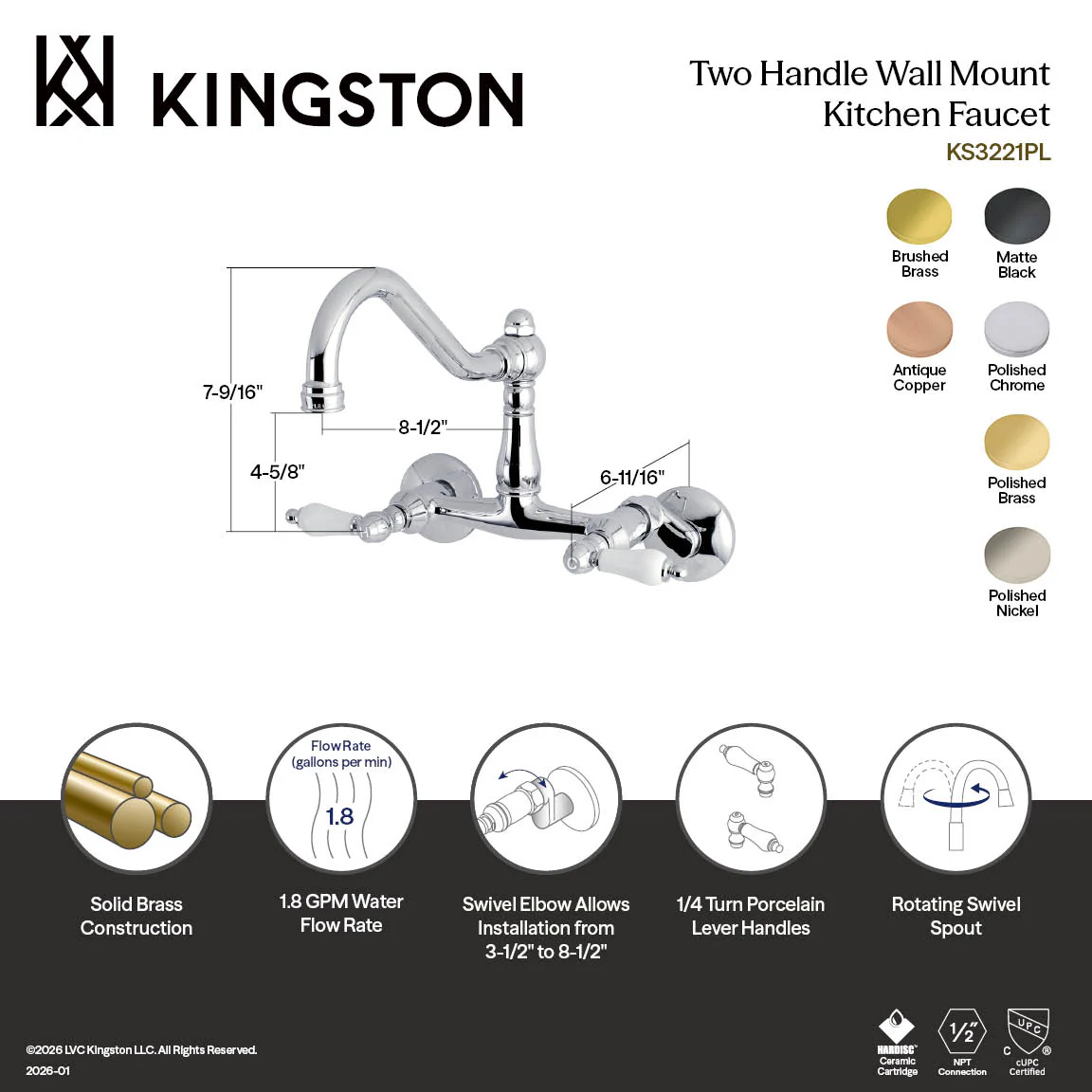 Kingston Heirloom KS322PLAC - Vintage Two-Handle 2-Hole Wall Mount Bridge Kitchen Faucet, Antique Copper - Image 2