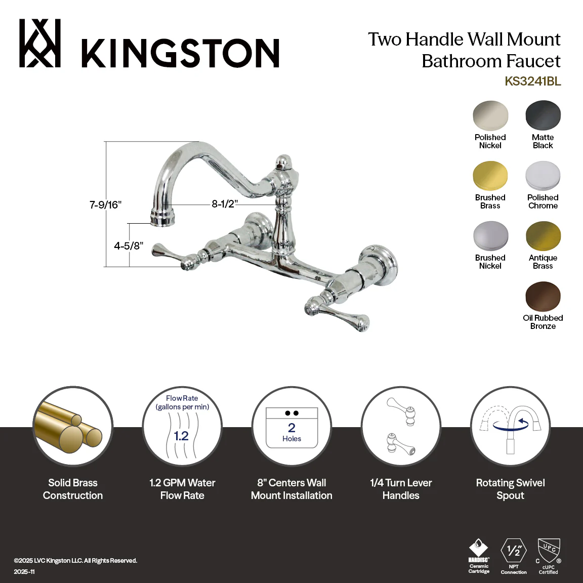 Kingston Heirloom KS3245BL - Vintage Double-Handle 2-Hole Wall Mount Bathroom Faucet, Oil Rubbed Bronze - Image 7