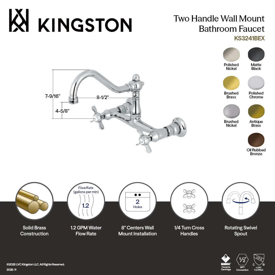 Kingston Heirloom KS3246BEX - Essex Double-Handle 2-Hole Wall Mount Bathroom Faucet, Polished Nickel - Image 5