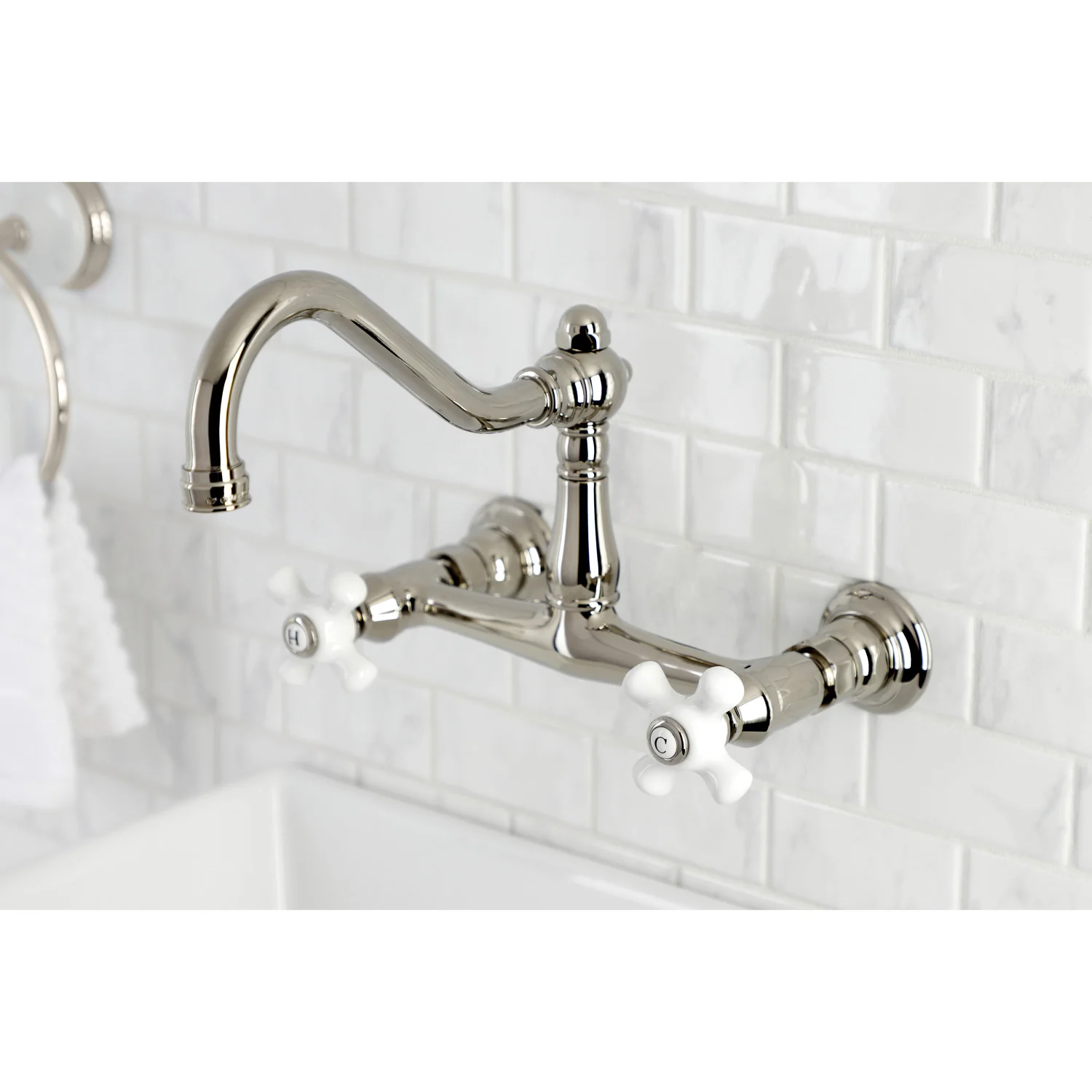 Kingston Heirloom KS3246PX - Vintage Double-Handle 2-Hole Wall Mount Bathroom Faucet, Polished Nickel - Image 3