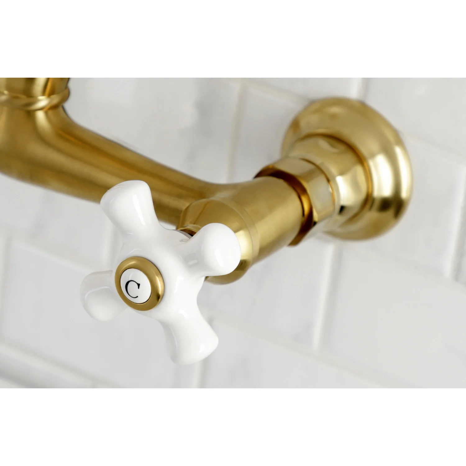 Kingston Heirloom KS3247PX - Vintage Double-Handle 2-Hole Wall Mount Bathroom Faucet, Brushed Brass - Image 2