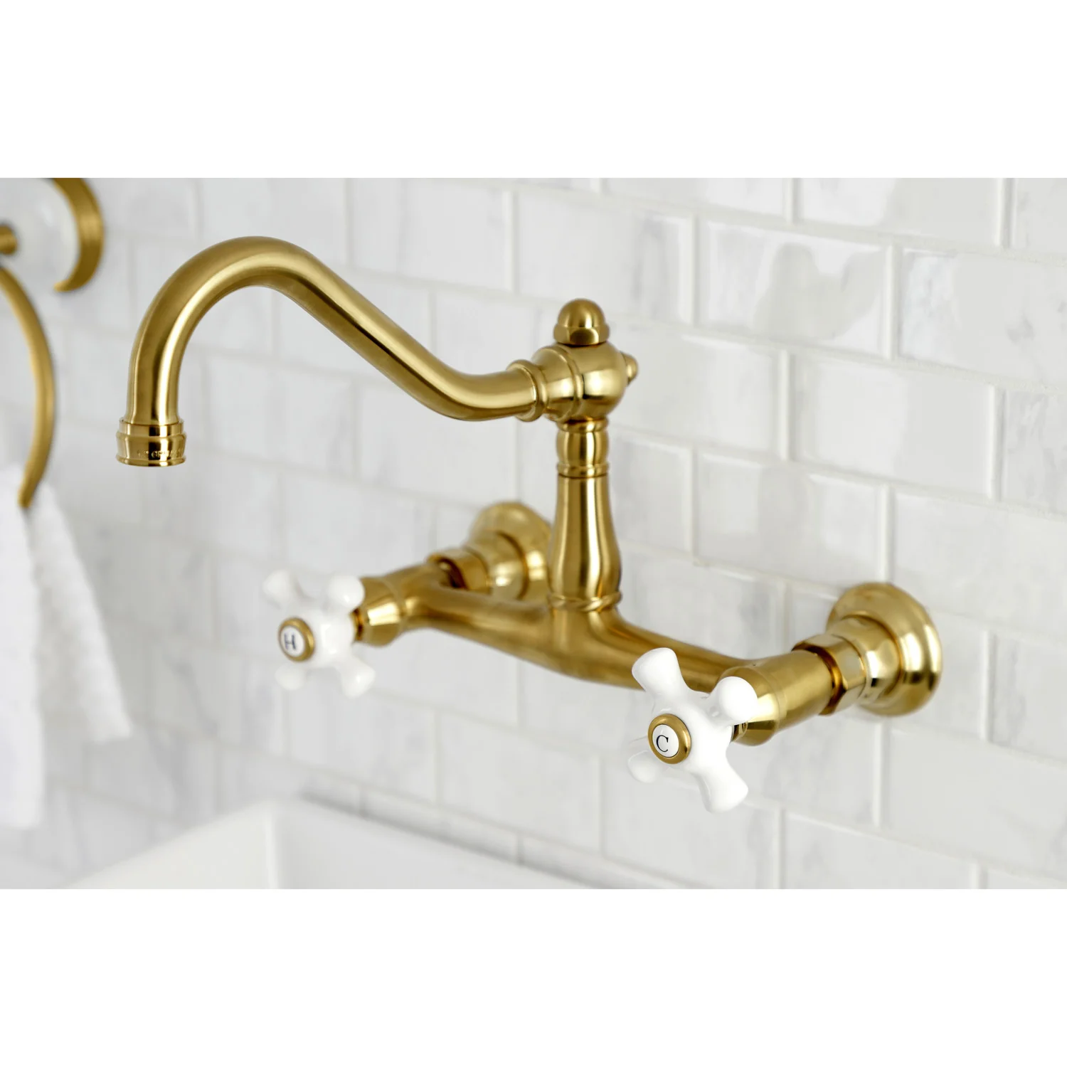 Kingston Heirloom KS3247PX - Vintage Double-Handle 2-Hole Wall Mount Bathroom Faucet, Brushed Brass - Image 4