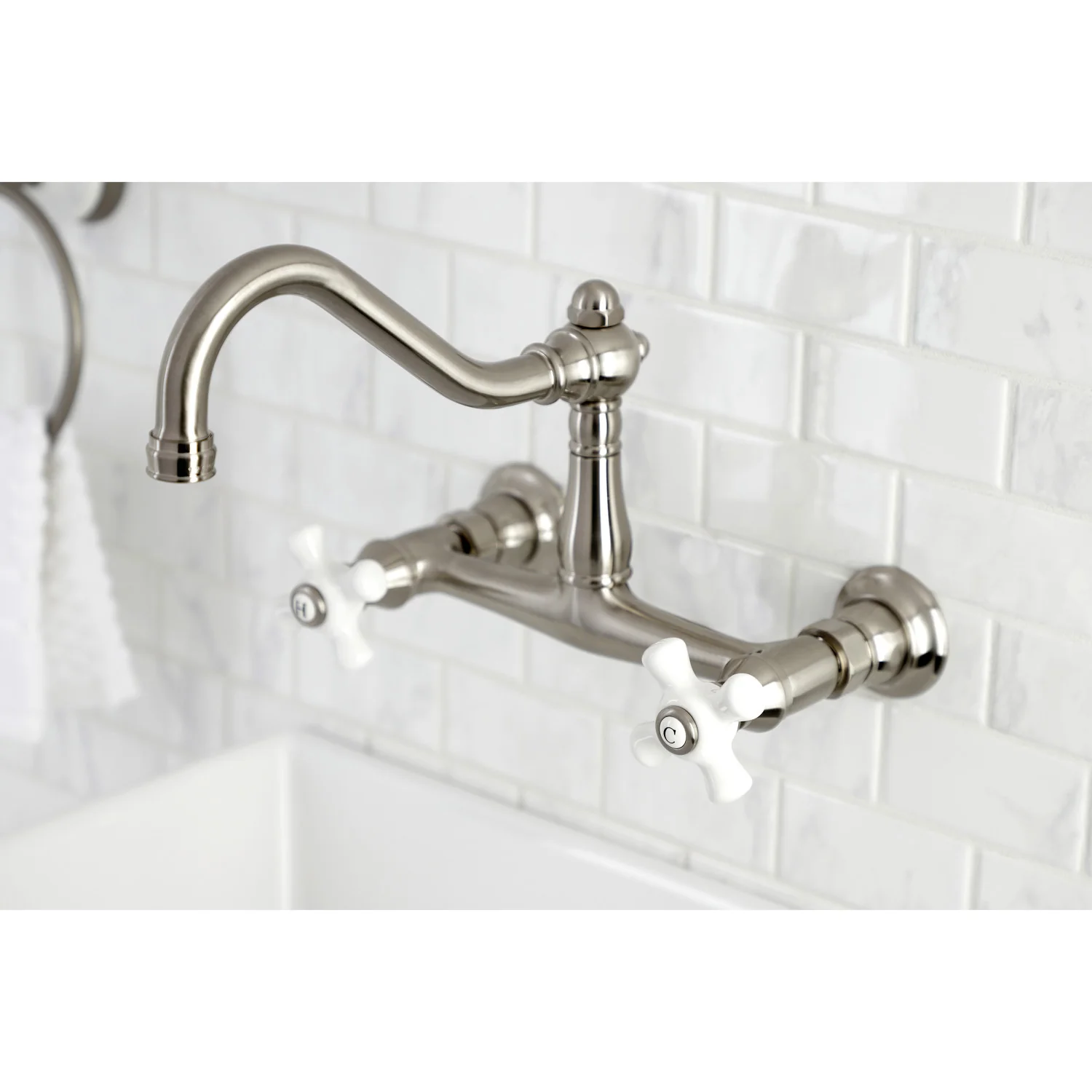 Kingston Heirloom KS3248PX - Vintage Double-Handle 2-Hole Wall Mount Bathroom Faucet, Brushed Nickel - Image 4