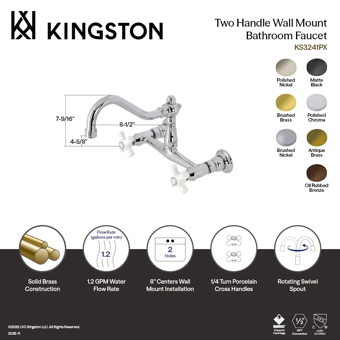 Kingston Heirloom KS3248PX - Vintage Double-Handle 2-Hole Wall Mount Bathroom Faucet, Brushed Nickel - Image 5