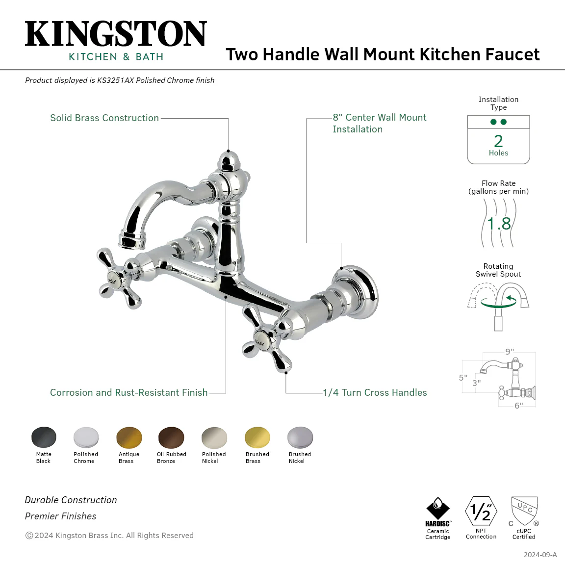 Kingston Heirloom KS3253AX - Vintage Two-Handle 2-Hole Wall Mount Bridge Kitchen Faucet, Antique Brass - Image 2