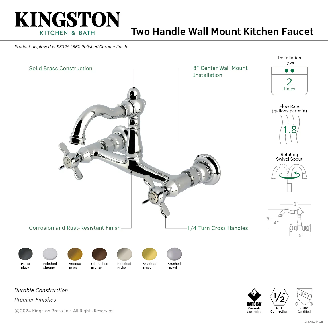 Kingston Heirloom KS3255BEX - Vintage Two-Handle 2-Hole Wall Mount Bridge Kitchen Faucet, Oil Rubbed Bronze - Image 2