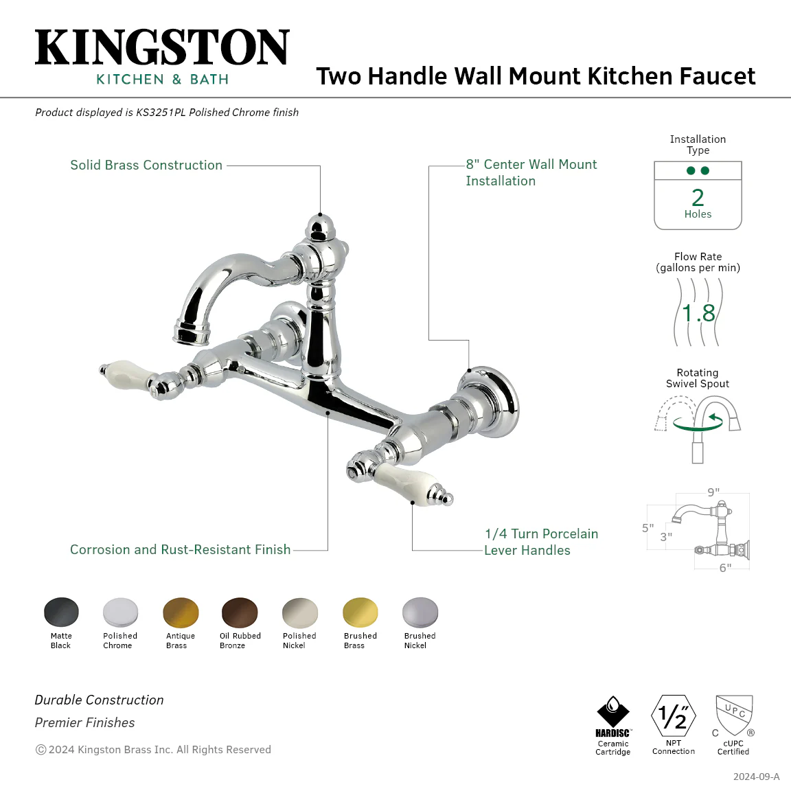 Kingston Heirloom KS3255PL - Vintage Two-Handle 2-Hole Wall Mount Bridge Kitchen Faucet, Oil Rubbed Bronze - Image 2
