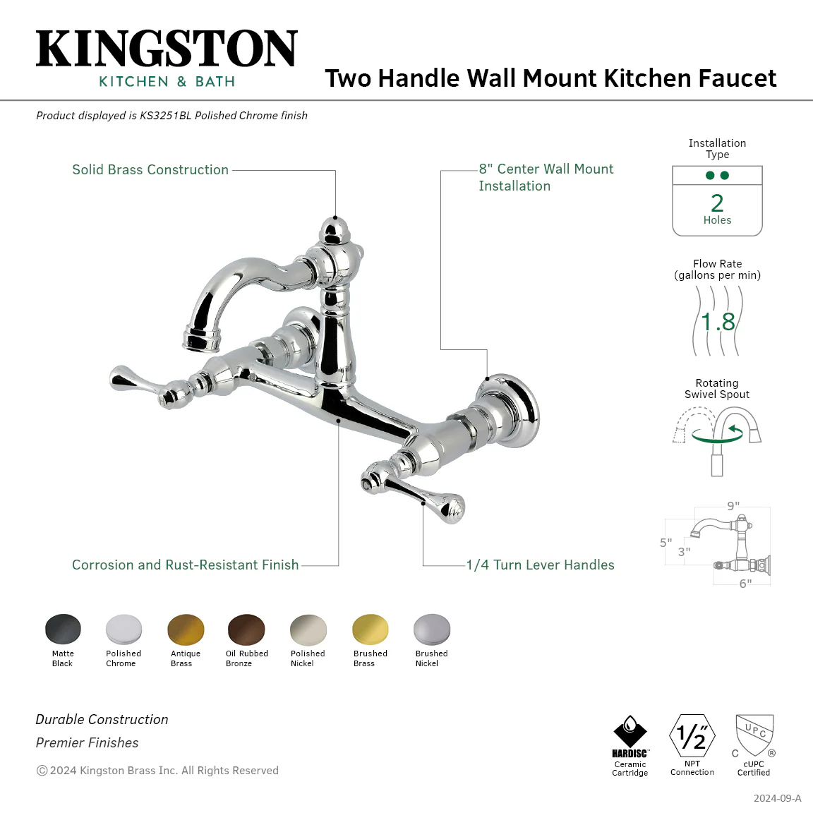 Kingston Heirloom KS3258BL - Vintage Two-Handle 2-Hole Wall Mount Bridge Kitchen Faucet, Brushed Nickel - Image 2