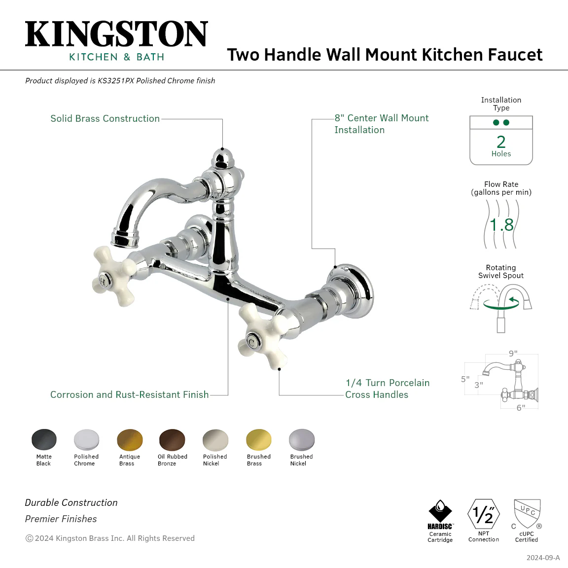 Kingston Heirloom KS3258PX - Vintage Two-Handle 2-Hole Wall Mount Bridge Kitchen Faucet, Brushed Nickel - Image 2
